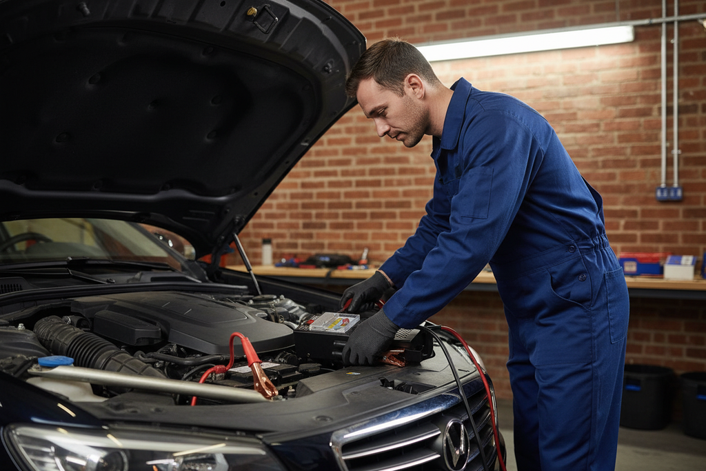 British Mechanic Using Battery Tester
