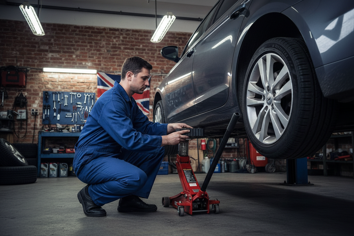 British Mechanic Using Jack Pad
